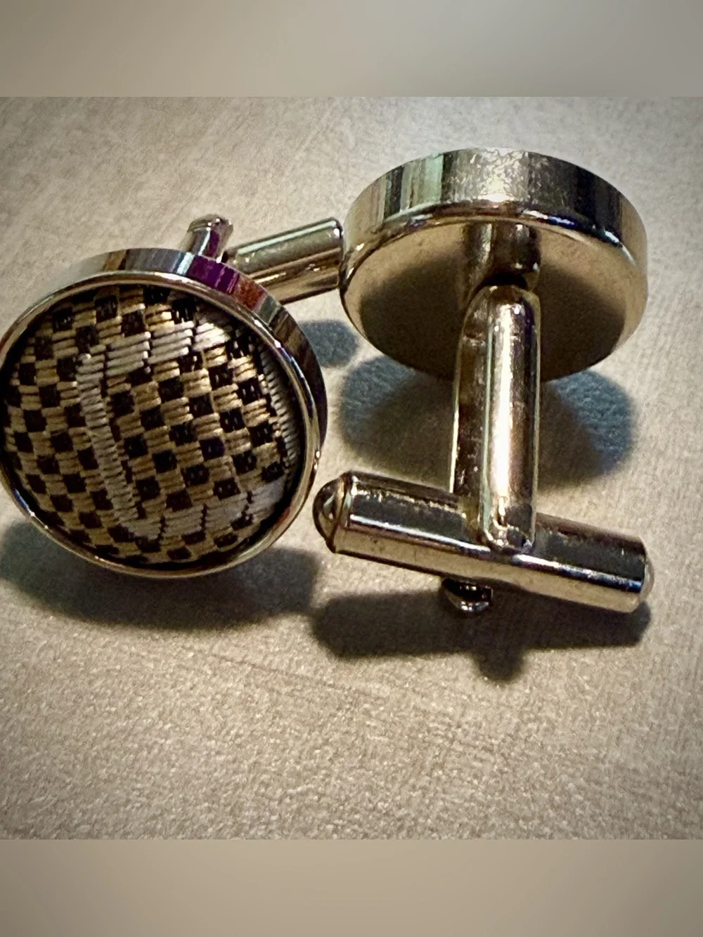 Carbon Fiber Cufflinks, Silver Woven. Texalium Style Inlay